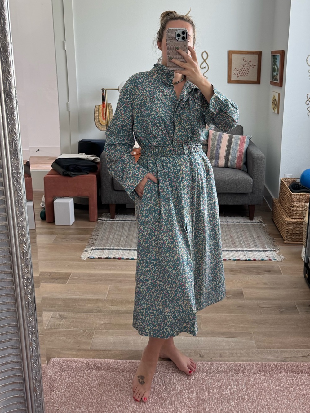 Mirth Belted Long Midi Dress in Juniper Floral